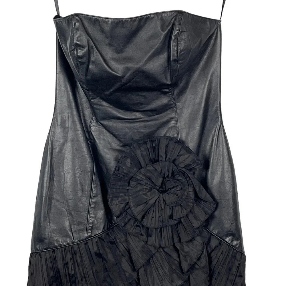 VINTAGE 80S SAMIR ANTONIO RUSPOLI LEATHER STRAPLESS RUFFLE PARTY COCKTAIL DRESS